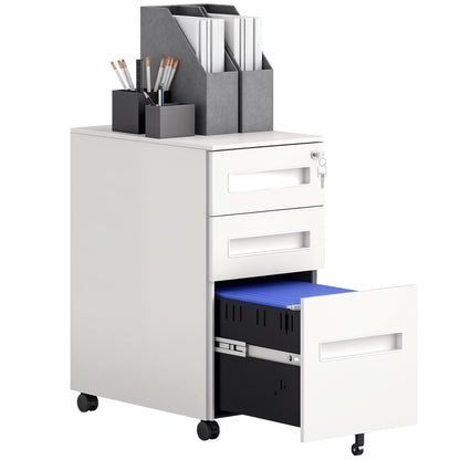 Office Filing Cabinet, Document Holder with 5 Wheels, 3 Drawers with Lock and Keys, Filing Cabinet for A4 Letter Hanging Files in Steel, White