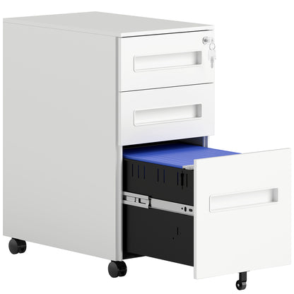 Office Filing Cabinet, Document Holder with 5 Wheels, 3 Drawers with Lock and Keys, Filing Cabinet for A4 Letter Hanging Files in Steel, White
