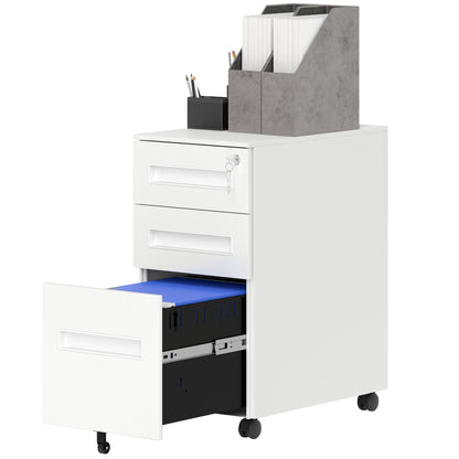 Office Filing Cabinet, Document Holder with 5 Wheels, 3 Drawers with Lock and Keys, Filing Cabinet for A4 Letter Hanging Files in Steel, White