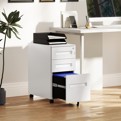 Office Filing Cabinet, Document Holder with 5 Wheels, 3 Drawers with Lock and Keys, Filing Cabinet for A4 Letter Hanging Files in Steel, White