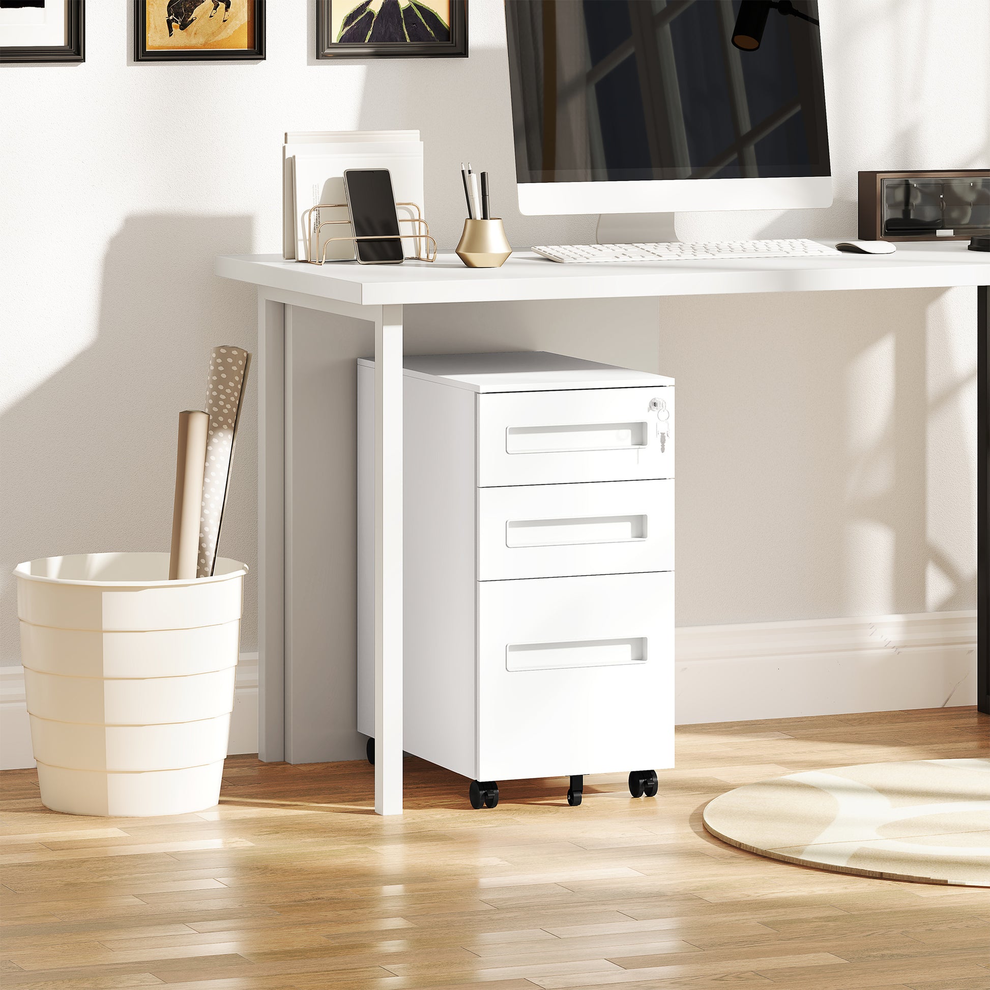 Office Filing Cabinet, Document Holder with 5 Wheels, 3 Drawers with Lock and Keys, Filing Cabinet for A4 Letter Hanging Files in Steel, White