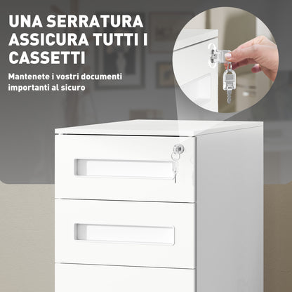 Office Filing Cabinet, Document Holder with 5 Wheels, 3 Drawers with Lock and Keys, Filing Cabinet for A4 Letter Hanging Files in Steel, White