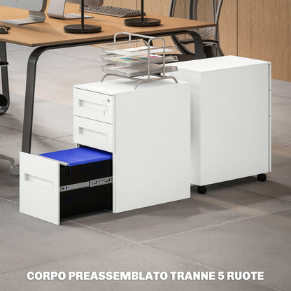 Office Filing Cabinet, Document Holder with 5 Wheels, 3 Drawers with Lock and Keys, Filing Cabinet for A4 Letter Hanging Files in Steel, White