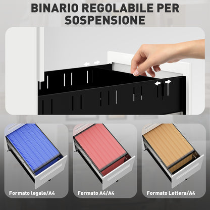 Office Filing Cabinet, Document Holder with 5 Wheels, 3 Drawers with Lock and Keys, Filing Cabinet for A4 Letter Hanging Files in Steel, White