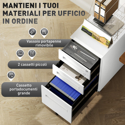 Office Filing Cabinet, Document Holder with 5 Wheels, 3 Drawers with Lock and Keys, Filing Cabinet for A4 Letter Hanging Files in Steel, White
