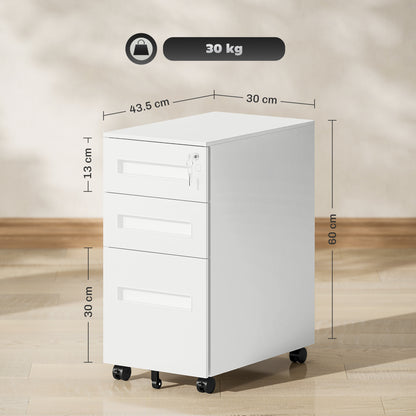 Office Filing Cabinet, Document Holder with 5 Wheels, 3 Drawers with Lock and Keys, Filing Cabinet for A4 Letter Hanging Files in Steel, White