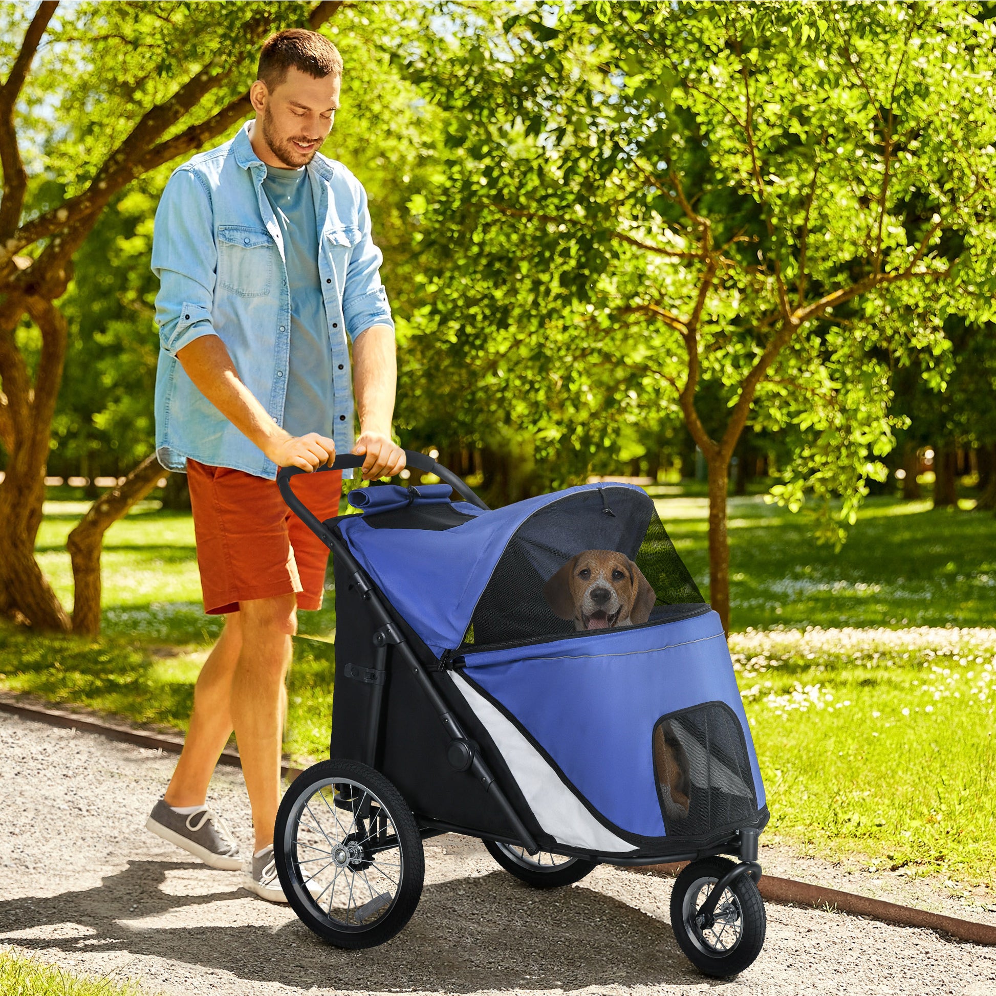 Dog Stroller Pet Buggy with Mesh Windows, Foldable Cat Carriage with Safety Leash, Large Rubber Wheels for Medium, Large Dogs up to 30 kg, Oxford, Blue