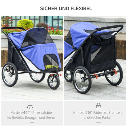 Dog Stroller Pet Buggy with Mesh Windows, Foldable Cat Carriage with Safety Leash, Large Rubber Wheels for Medium, Large Dogs up to 30 kg, Oxford, Blue