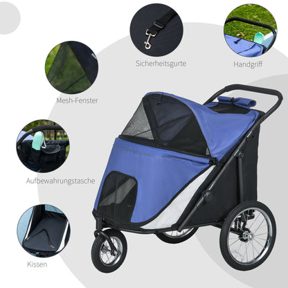 Dog Stroller Pet Buggy with Mesh Windows, Foldable Cat Carriage with Safety Leash, Large Rubber Wheels for Medium, Large Dogs up to 30 kg, Oxford, Blue