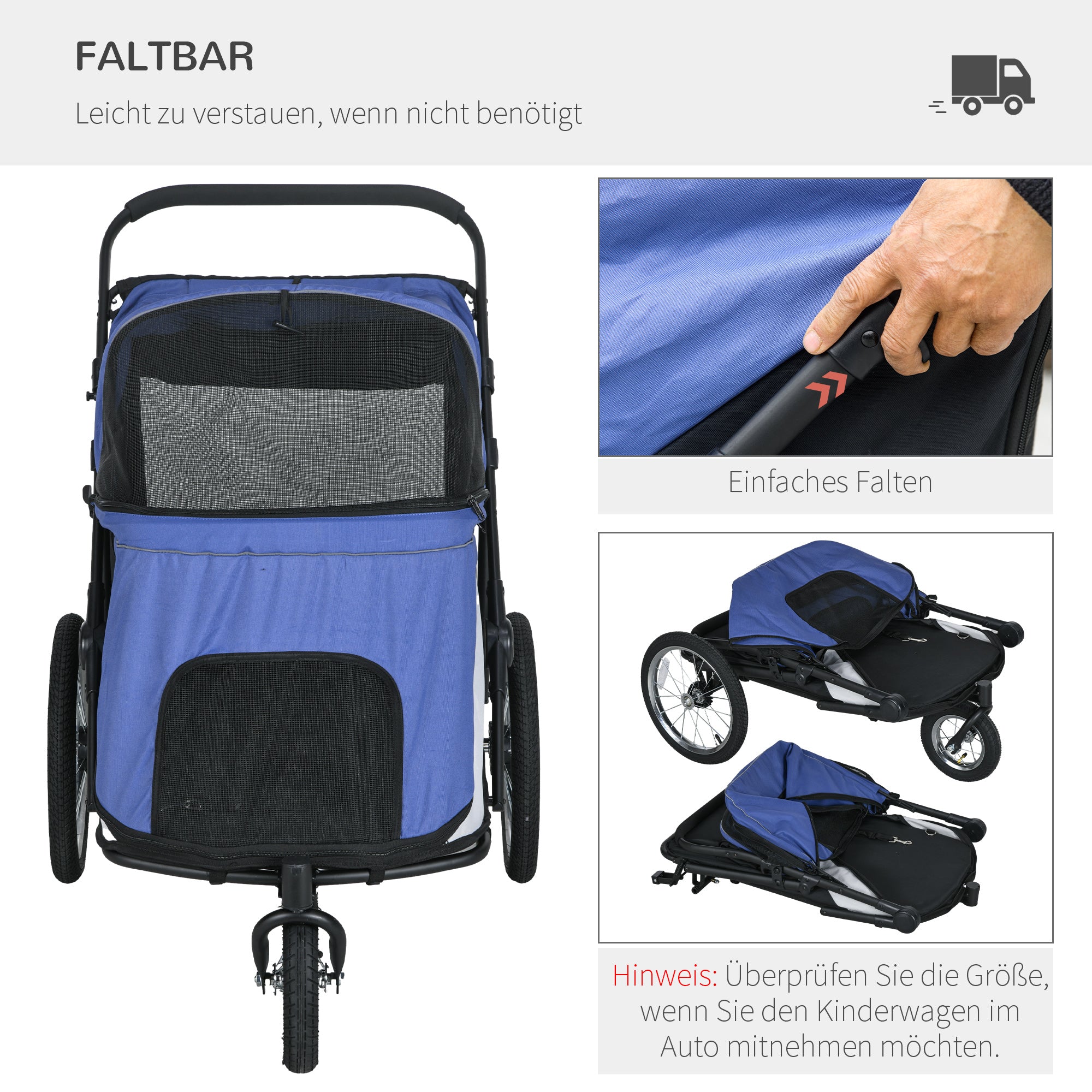 Dog Stroller Pet Buggy with Mesh Windows, Foldable Cat Carriage with Safety Leash, Large Rubber Wheels for Medium, Large Dogs up to 30 kg, Oxford, Blue