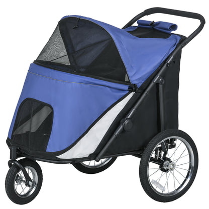 Dog Stroller Pet Buggy with Mesh Windows, Foldable Cat Carriage with Safety Leash, Large Rubber Wheels for Medium, Large Dogs up to 30 kg, Oxford, Blue