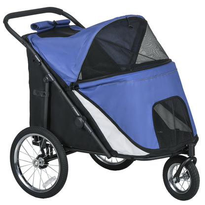 Dog Stroller Pet Buggy with Mesh Windows, Foldable Cat Carriage with Safety Leash, Large Rubber Wheels for Medium, Large Dogs up to 30 kg, Oxford, Blue
