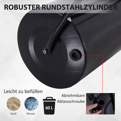Lawn Roller with U-Handle, Garden Roller, Garden Drum, 40 cm Diameter, 60 L Water/Sand Fill, Metal, Black 57 x 40 x 123 cm