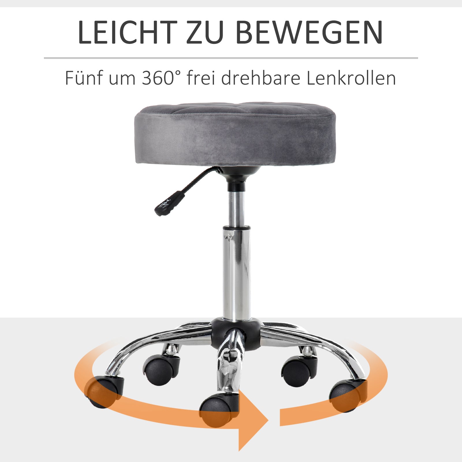 Salon Chair with Wheels Rolling Stool Height Adjustable Swivel Salon Stool Velvet Touch Foam Chrome Base Light Gray 35 x 35 x 49-61 cm