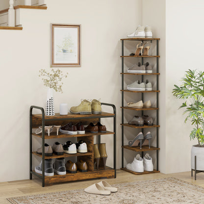 Shoe Rack with 4 Levels, Shoe Shelf with Handle, Shoe Stand for 11 Pairs of Shoes, Space-Saving Shoe Storage, Shoe Organizer for Entryway, Hallway, Rustic Brown