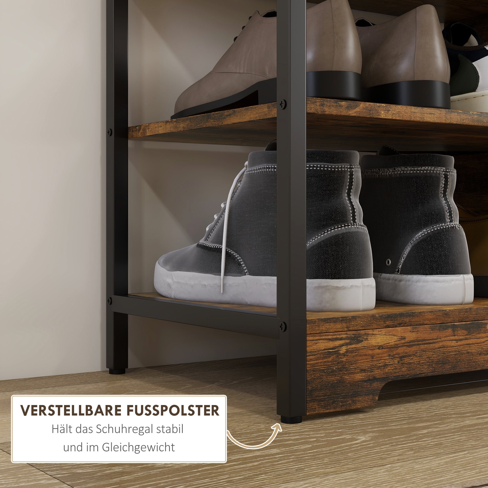 Shoe Rack with 4 Levels, Shoe Shelf with Handle, Shoe Stand for 11 Pairs of Shoes, Space-Saving Shoe Storage, Shoe Organizer for Entryway, Hallway, Rustic Brown