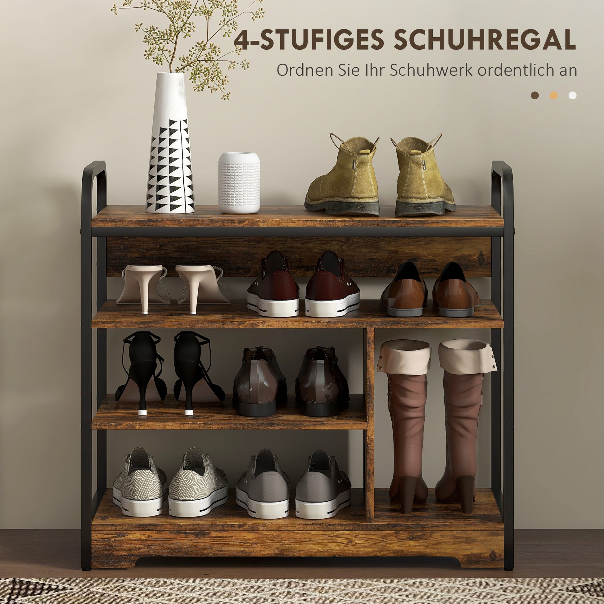 Shoe Rack with 4 Levels, Shoe Shelf with Handle, Shoe Stand for 11 Pairs of Shoes, Space-Saving Shoe Storage, Shoe Organizer for Entryway, Hallway, Rustic Brown