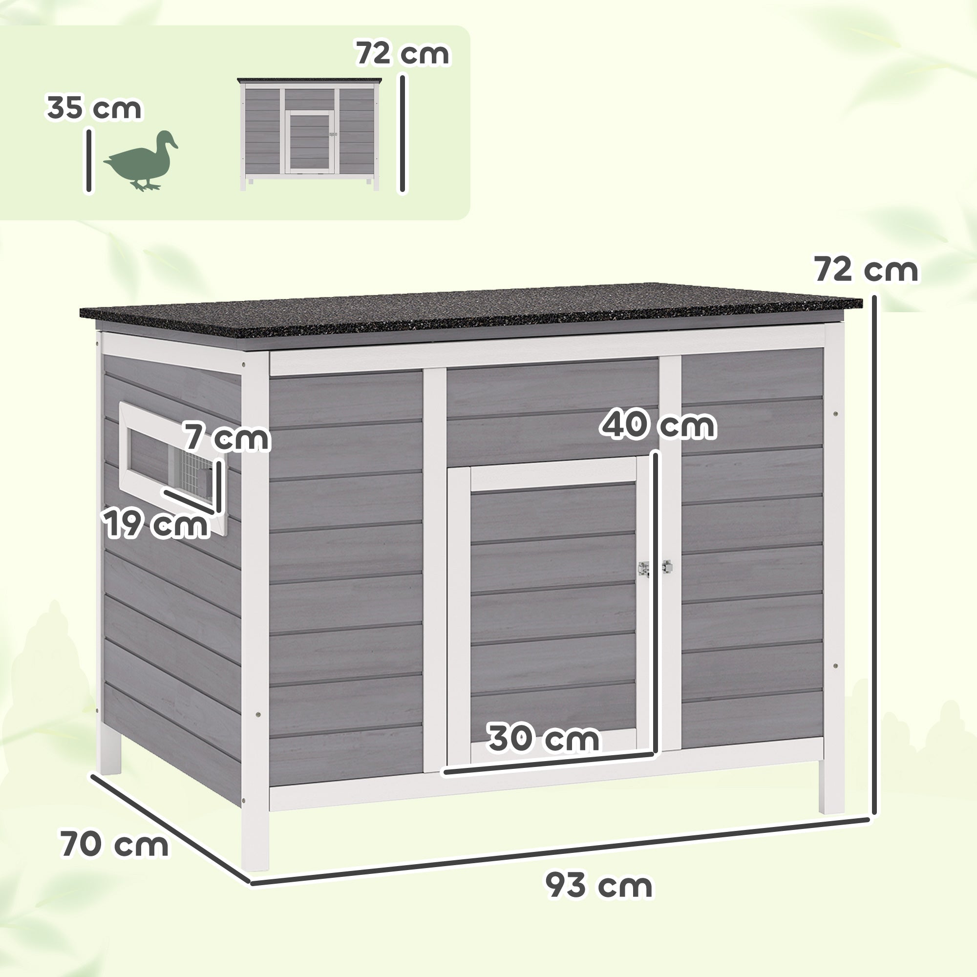 Weatherproof Wooden Duck House with Removable Floor, Sliding Windows & Asphalt Roof — Elevated Coop with Ramp for 2–3 Ducks/Chickens, Gray (93 x 70 x 72 cm / 36.6 x 27.6 x 28.3 in)