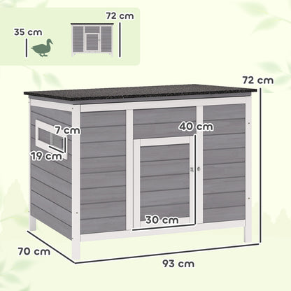 Weatherproof Wooden Duck House with Removable Floor, Sliding Windows & Asphalt Roof — Elevated Coop with Ramp for 2–3 Ducks/Chickens, Gray (93 x 70 x 72 cm / 36.6 x 27.6 x 28.3 in)