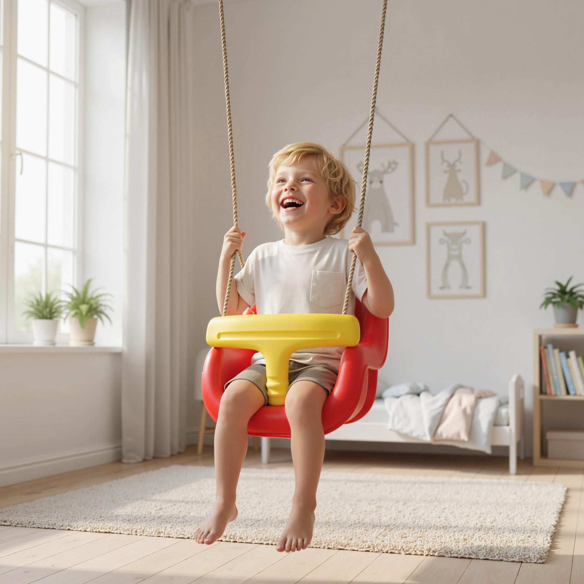 Toddler Swing with High Back & T-Safety Rail, Adjustable Rope — Indoor/Outdoor, Red