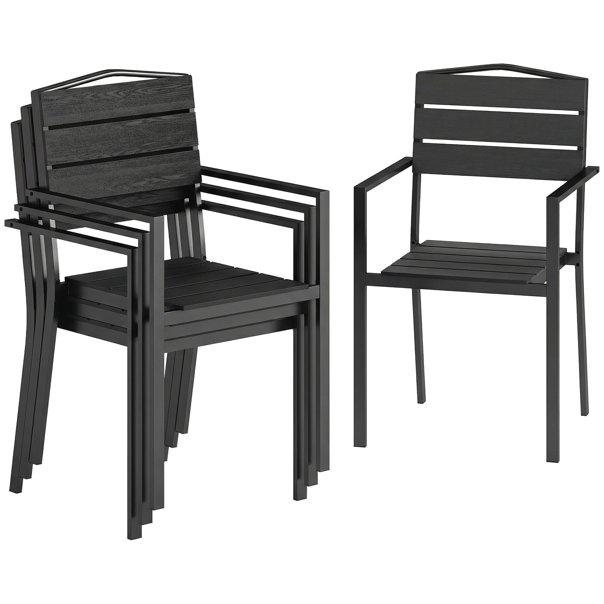Garden Chairs – Set of 4 Stackable Patio Chairs with Slatted Design & Armrests, Weatherproof Balcony Chairs (265 lb Capacity), Black, 20.5 x 20.1 x 35.4 in