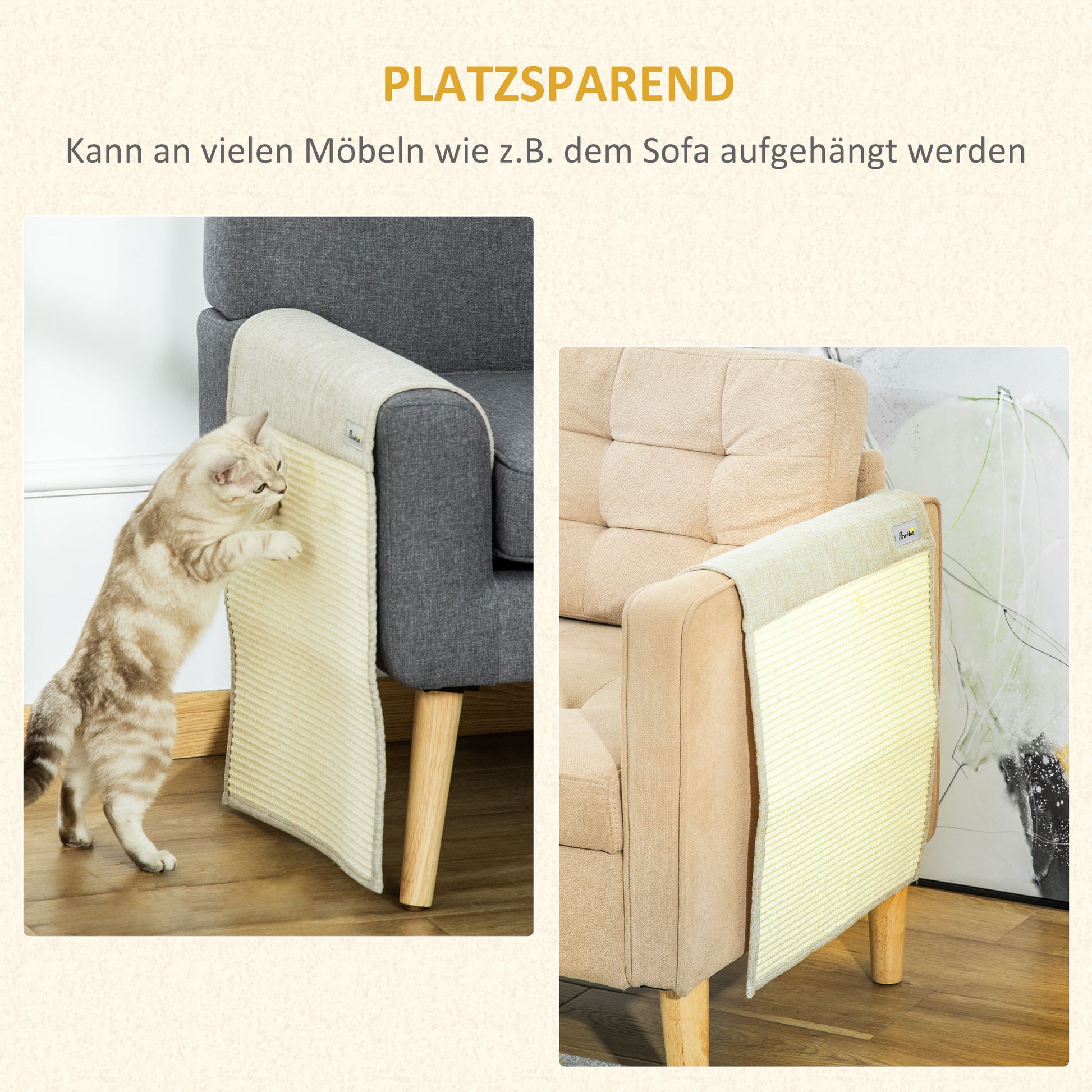 2-Piece Scratching Mat Scratch Protection Sofa Sisal Scratching Carpet for Cat Armchair Couch Cat Scratch Mat Beige+Gray 130 x 45 x 0.3 cm