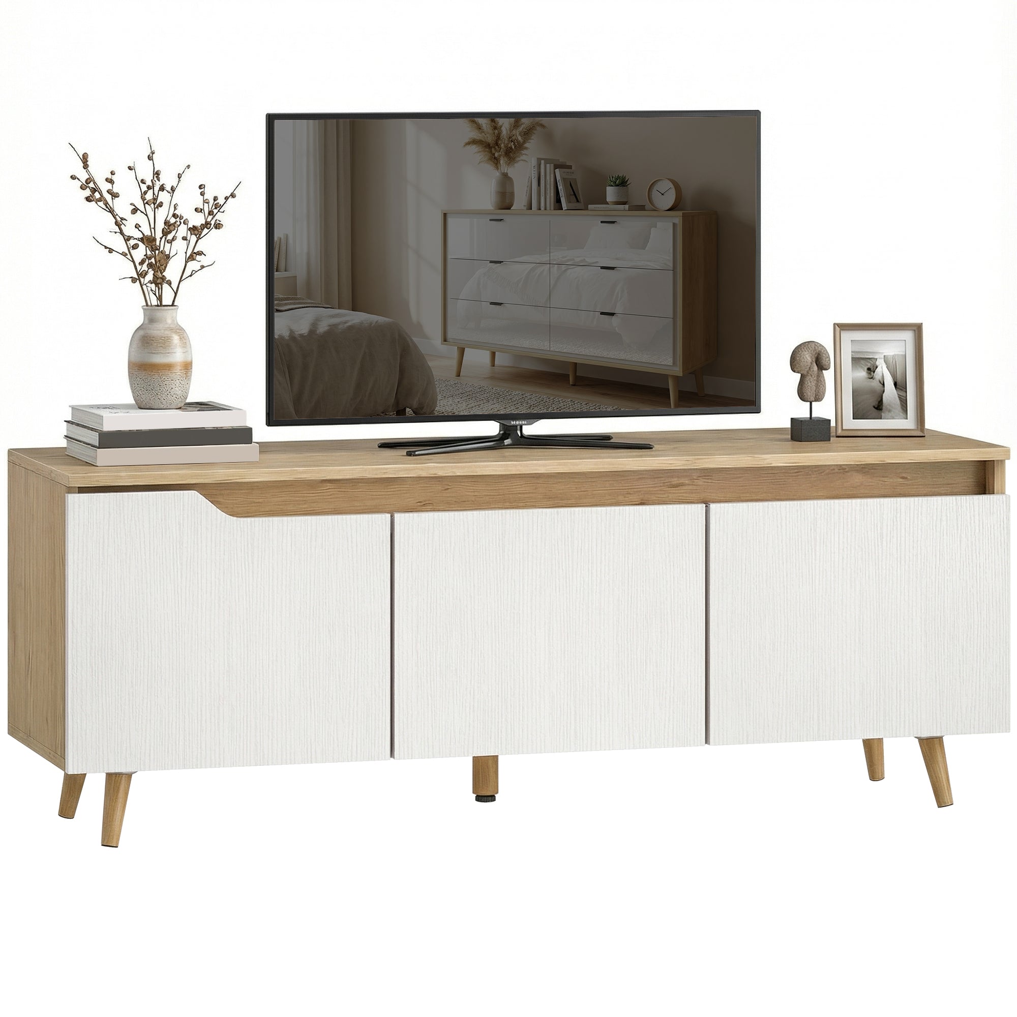 TV Cabinet for TVs up to 55" with 3 Doors and Adjustable Shelf – 5 Pine Legs, Oak & White