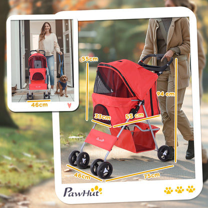 Foldable Dog Stroller Pet Stroller for Small Dogs with Adjustable Canopy Storage Basket 2 Universal Wheels Load 15 kg 75x46x94 cm Red