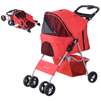 Foldable Dog Stroller Pet Stroller for Small Dogs with Adjustable Canopy Storage Basket 2 Universal Wheels Load 15 kg 75x46x94 cm Red