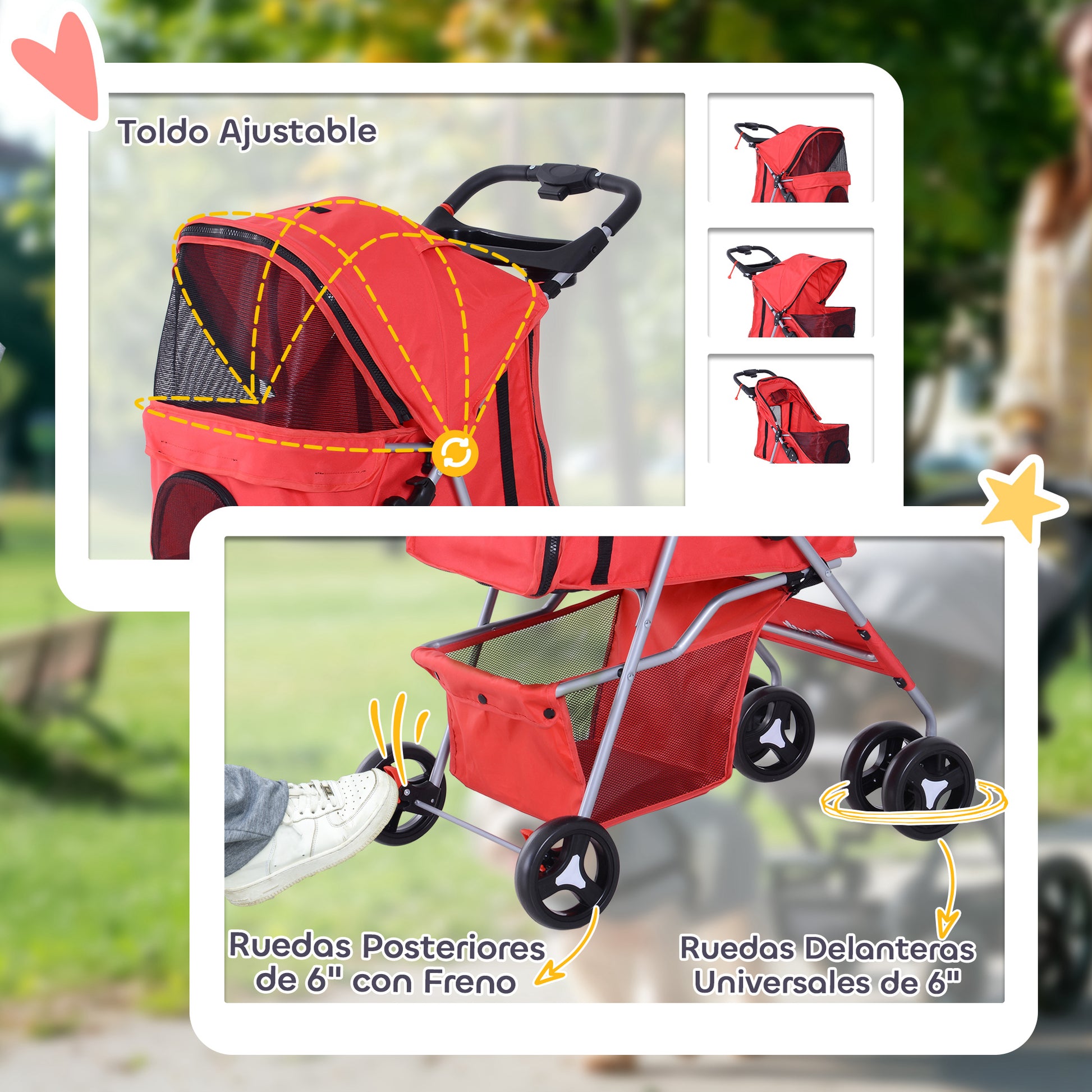 Foldable Dog Stroller Pet Stroller for Small Dogs with Adjustable Canopy Storage Basket 2 Universal Wheels Load 15 kg 75x46x94 cm Red