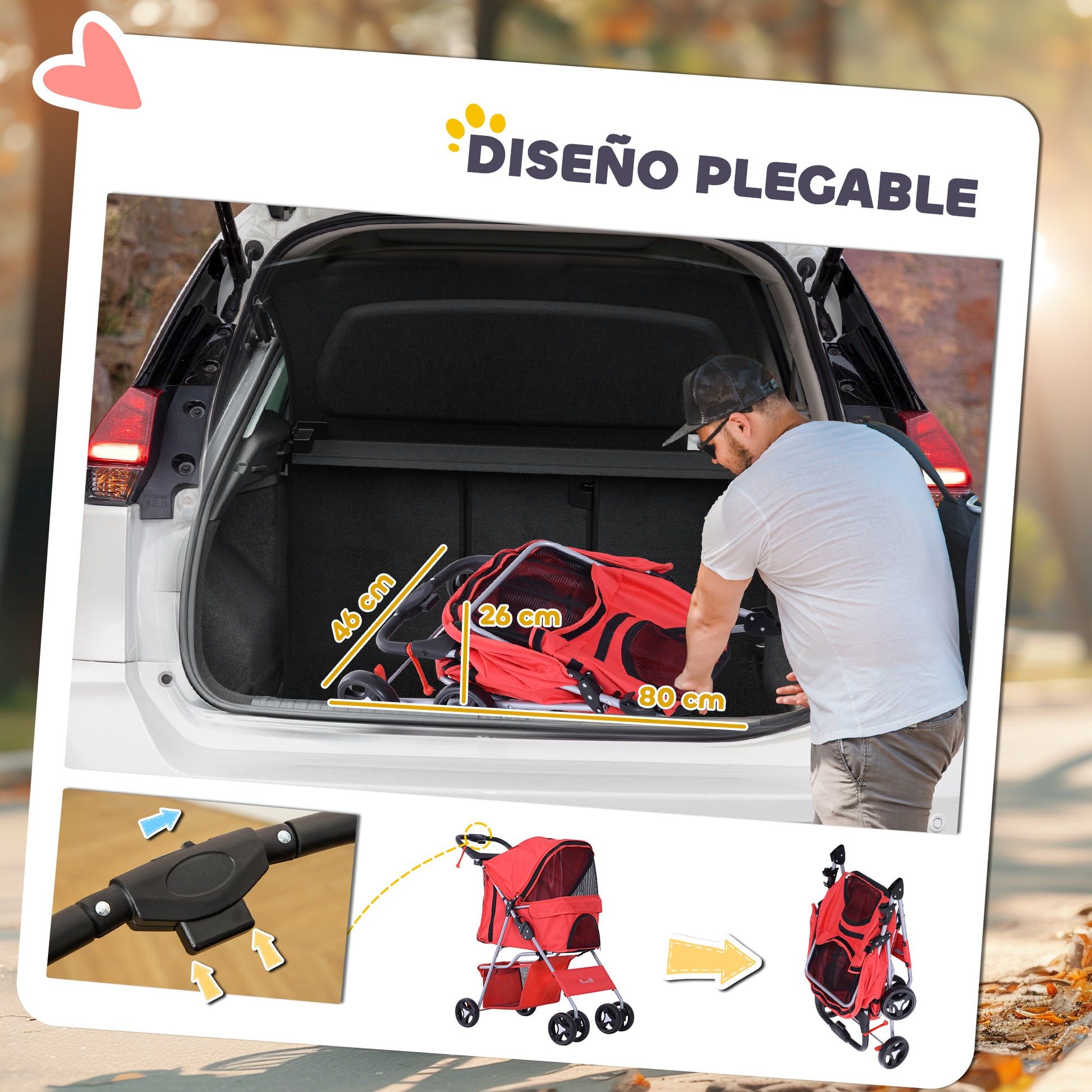 Foldable Dog Stroller Pet Stroller for Small Dogs with Adjustable Canopy Storage Basket 2 Universal Wheels Load 15 kg 75x46x94 cm Red