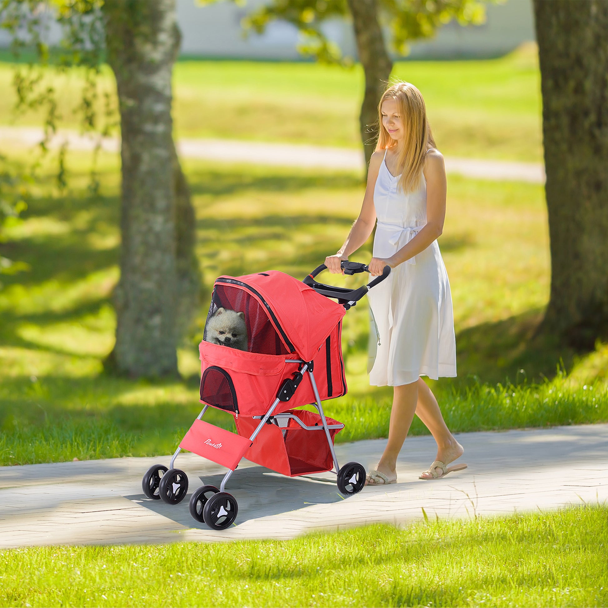Foldable Dog Stroller Pet Stroller for Small Dogs with Adjustable Canopy Storage Basket 2 Universal Wheels Load 15 kg 75x46x94 cm Red