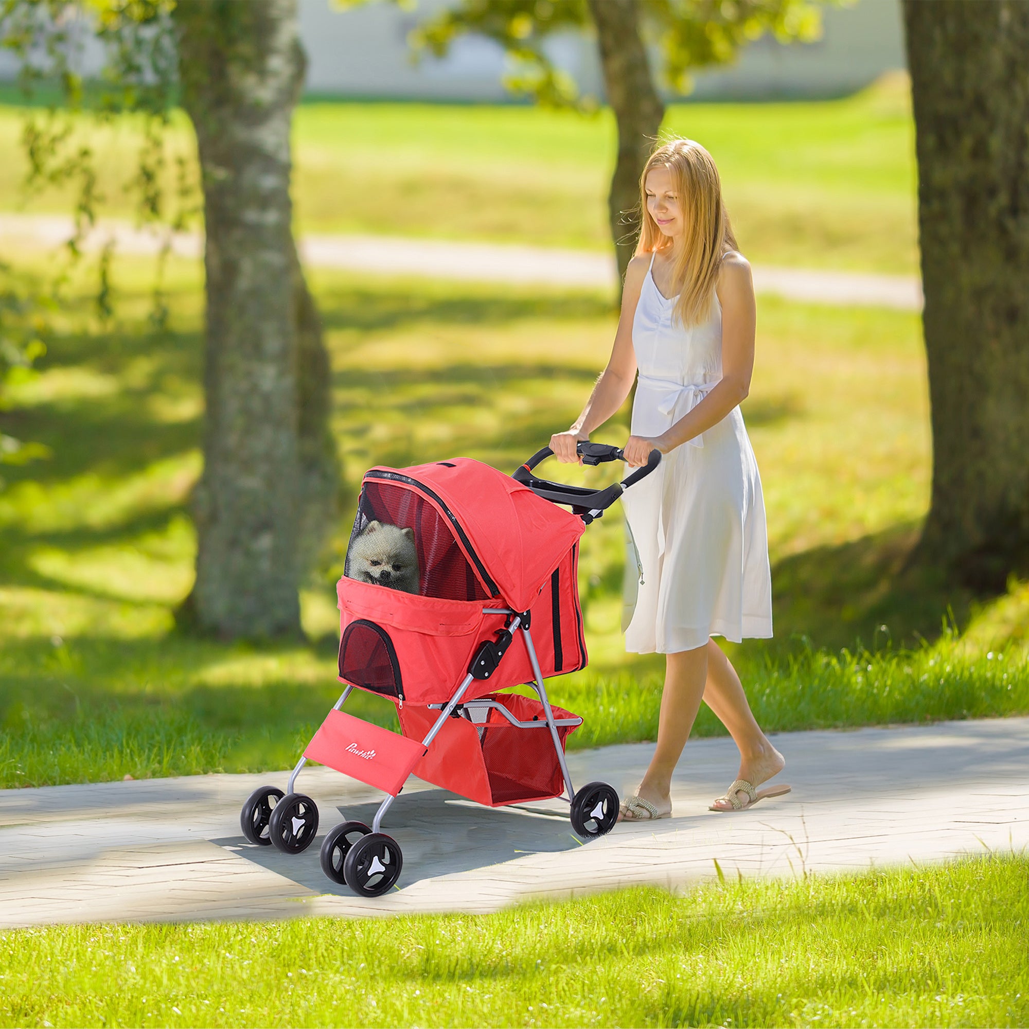 Foldable Dog Stroller Pet Stroller for Small Dogs with Adjustable Canopy Storage Basket 2 Universal Wheels Load 15 kg 75x46x94 cm Red