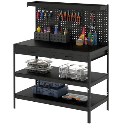 Workbench with Pegboard — Heavy-Duty Workstation with 2 Drawers & 2 Adjustable Shelves, 600 lb Capacity, 48 x 24 x 61.4 in (122 x 61 x 156 cm), Black