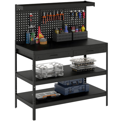 Workbench with Pegboard — Heavy-Duty Workstation with 2 Drawers & 2 Adjustable Shelves, 600 lb Capacity, 48 x 24 x 61.4 in (122 x 61 x 156 cm), Black