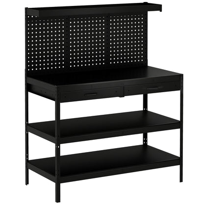Workbench with Pegboard — Heavy-Duty Workstation with 2 Drawers & 2 Adjustable Shelves, 600 lb Capacity, 48 x 24 x 61.4 in (122 x 61 x 156 cm), Black