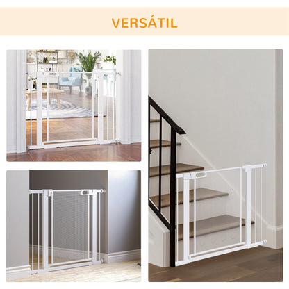 Dog Safety Gate Expandable 75-103 cm Stair Gate Door with 2 Extensions 7 and 14 cm Double Lock Automatic Closure White