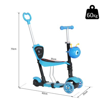 3-in-1 Scooter for Children 18+ Months Three-Wheel Scooter with Removable Seat Adjustable Handlebar Push Handle Height 62x25x72.5 cm Blue