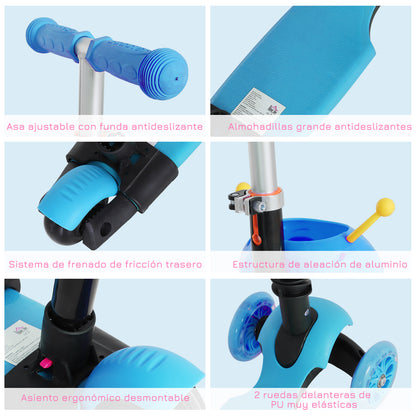 3-in-1 Scooter for Children 18+ Months Three-Wheel Scooter with Removable Seat Adjustable Handlebar Push Handle Height 62x25x72.5 cm Blue