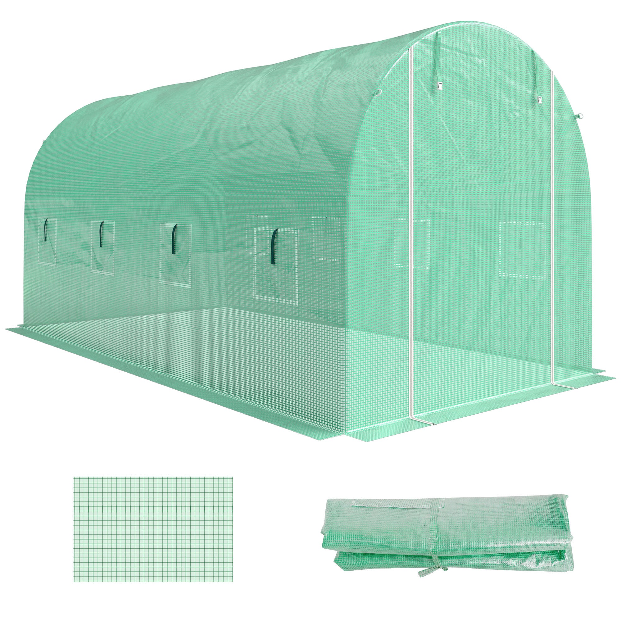 Greenhouse Cover 4 x 2 m (13.1 x 6.6 ft) — Waterproof PE Tunnel Tarp with Zipper Door, 8 Windows, UV Protection, Tear-Resistant (Green)