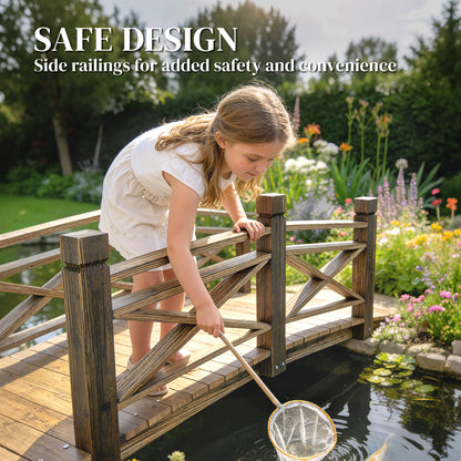 Pine Garden Bridge with Handrails, Charred Finish (Shou Sugi Ban) — Walkable Decorative Pond Bridge, Rustic Arched Design, Weather-Resistant, Up to 200 kg, 174 x 78 x 57.5 cm