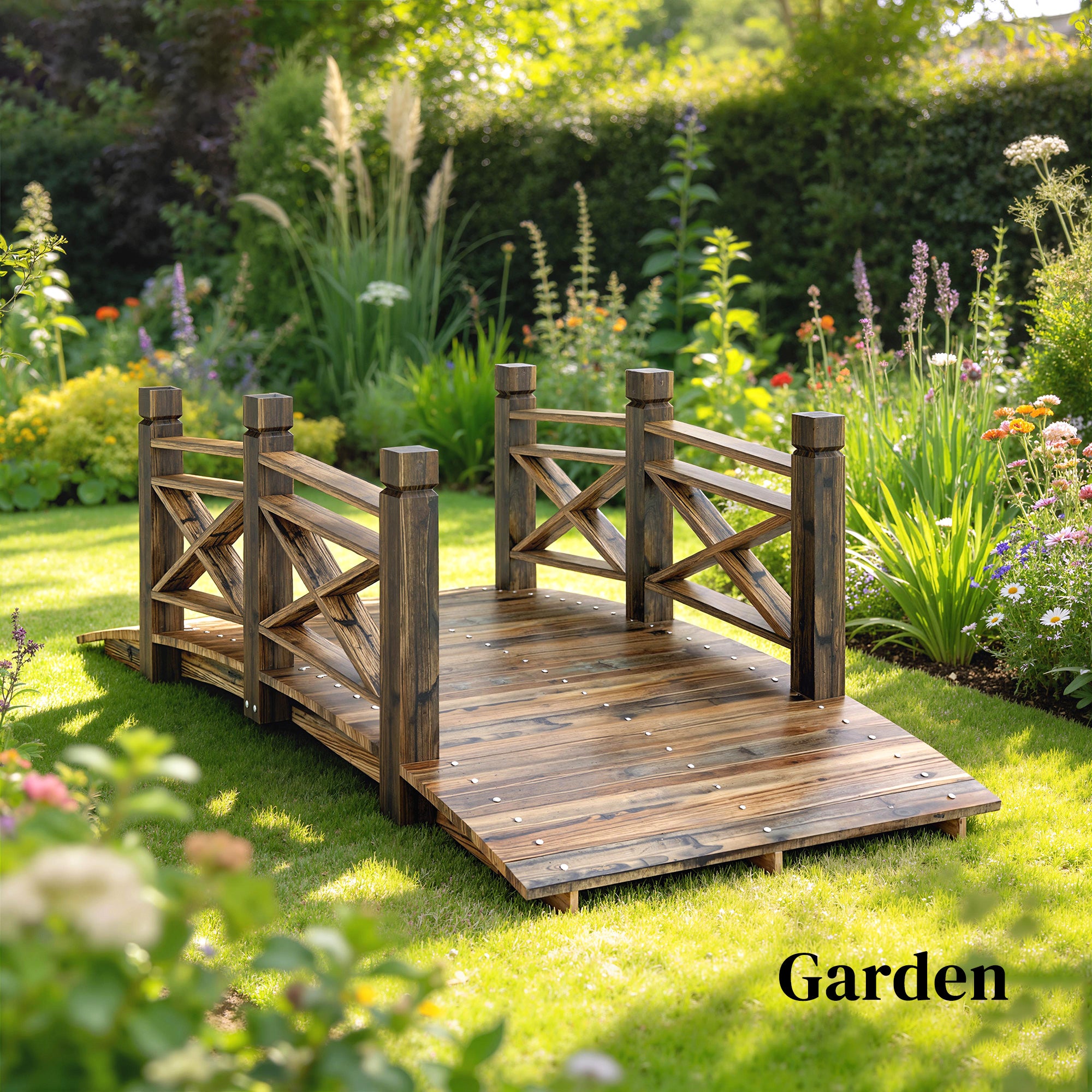 Pine Garden Bridge with Handrails, Charred Finish (Shou Sugi Ban) — Walkable Decorative Pond Bridge, Rustic Arched Design, Weather-Resistant, Up to 200 kg, 174 x 78 x 57.5 cm