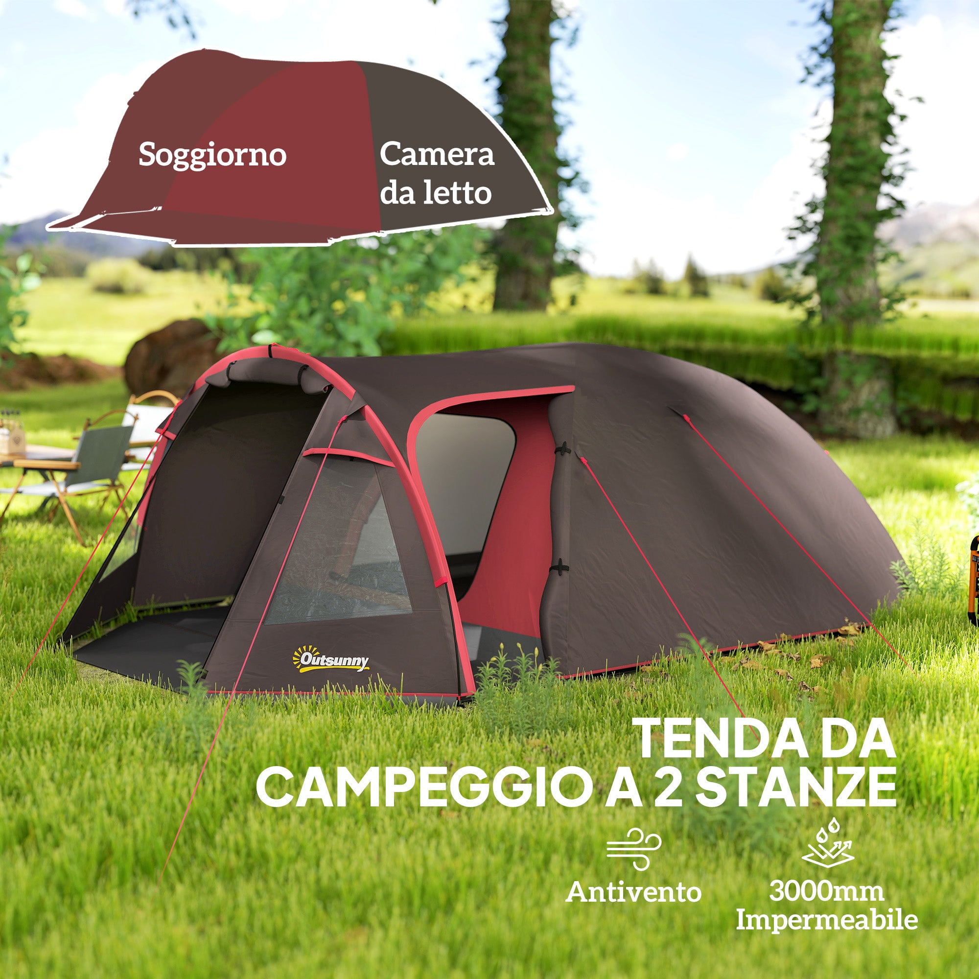 Tunnel Camping Tent for 2-4 People with 2 Rooms, Waterproof Family Trekking Fishing Tent 3000mm with Reinforced Floor, Double Doors, Carry Bag, 360x250x130 cm, Gray