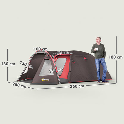 Tunnel Camping Tent for 2-4 People with 2 Rooms, Waterproof Family Trekking Fishing Tent 3000mm with Reinforced Floor, Double Doors, Carry Bag, 360x250x130 cm, Gray