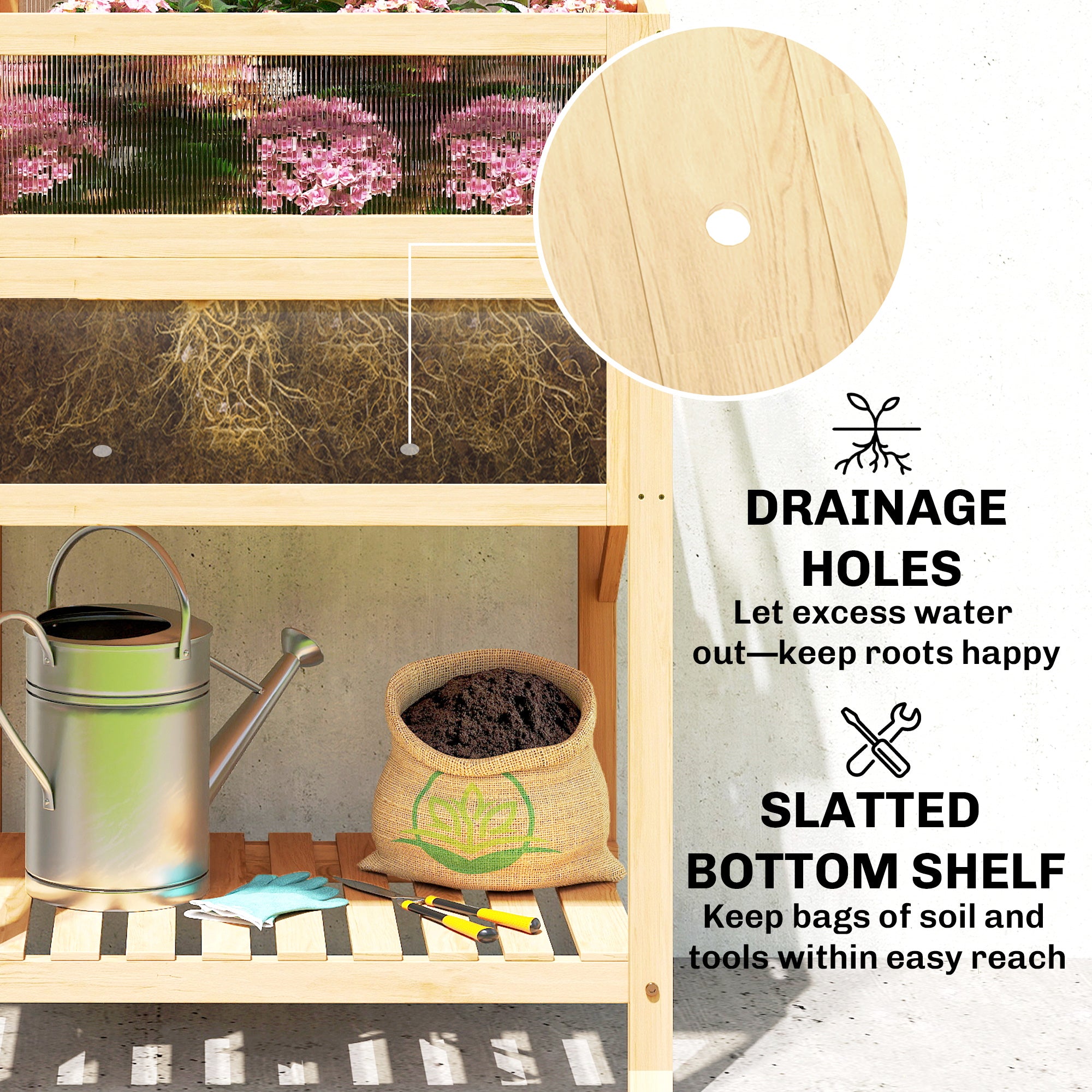 Raised Garden Bed with Cold Frame — Elevated Pine Wood Planter with Foldable Side Table & Storage Shelf for Vegetables, Flowers, Herbs, 104 x 50 x 120 cm (41 x 19.7 x 47.2 in) — Natural