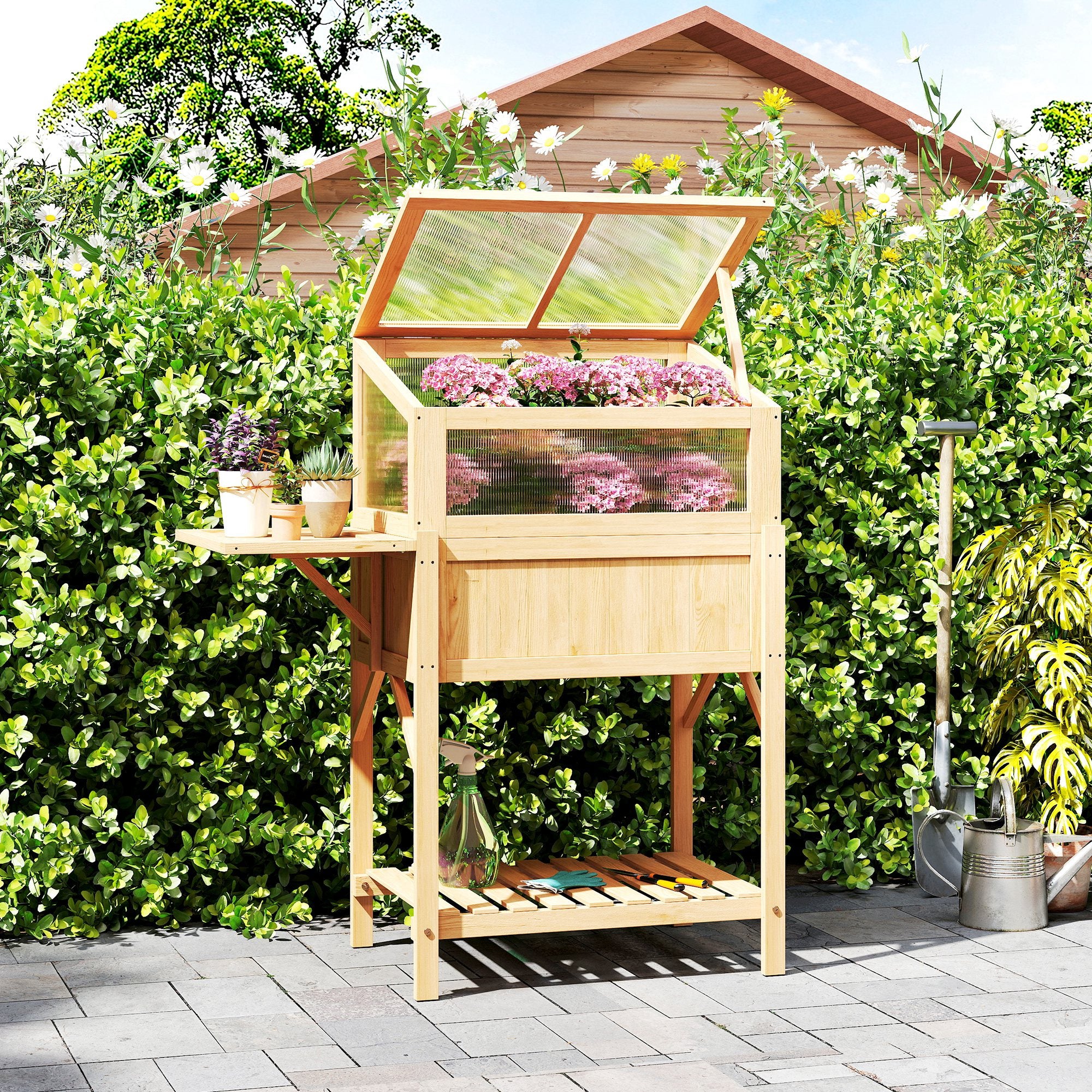 Raised Garden Bed with Cold Frame — Elevated Pine Wood Planter with Foldable Side Table & Storage Shelf for Vegetables, Flowers, Herbs, 104 x 50 x 120 cm (41 x 19.7 x 47.2 in) — Natural