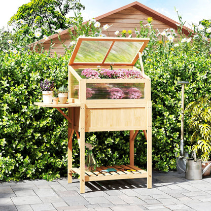 Raised Garden Bed with Cold Frame — Elevated Pine Wood Planter with Foldable Side Table & Storage Shelf for Vegetables, Flowers, Herbs, 104 x 50 x 120 cm (41 x 19.7 x 47.2 in) — Natural