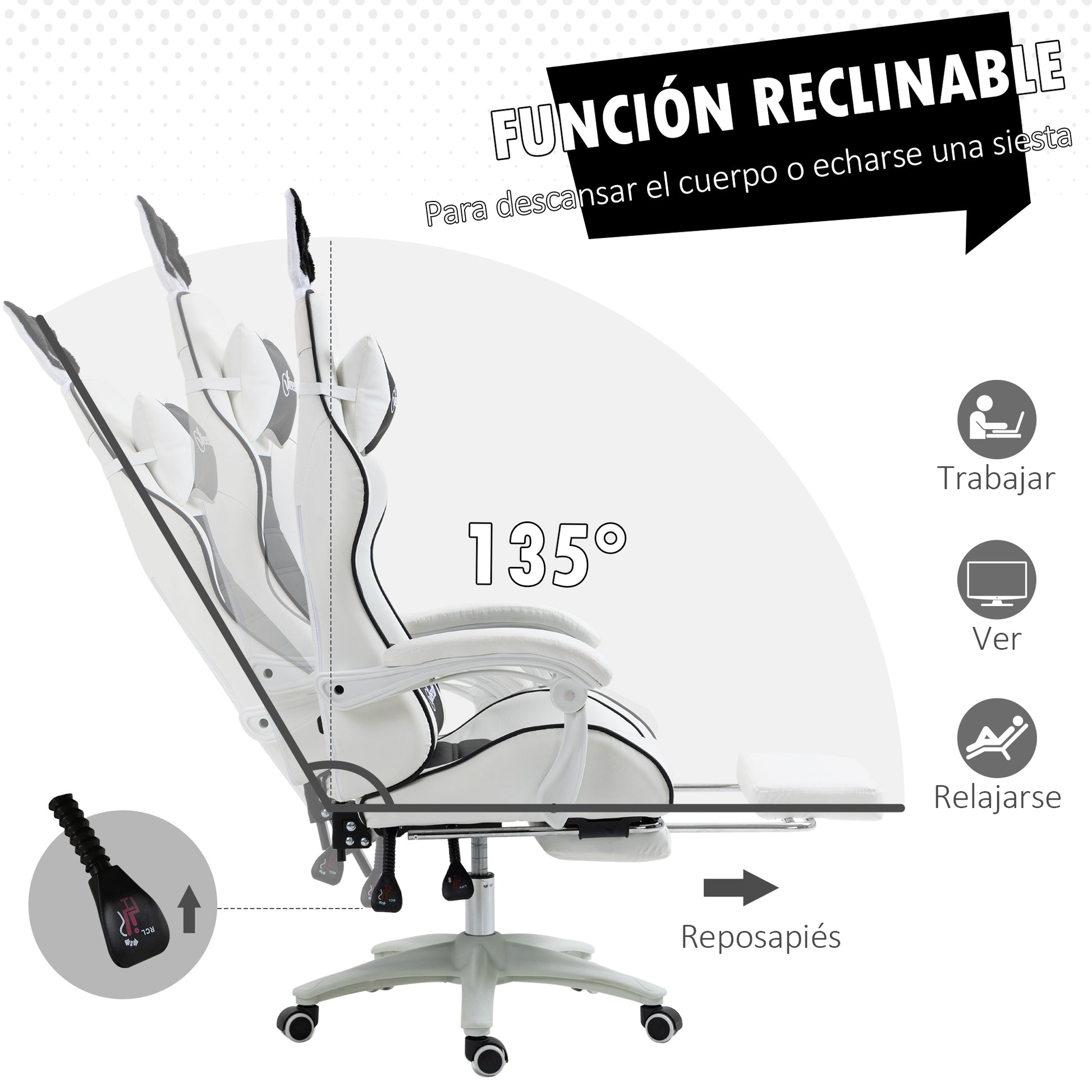 Professional Gaming Chair Gamer Racing Swivel Chair with Adjustable Height 135° Reclining Headrest and Footrest for Office Study 65x63x136-142 cm Black and White