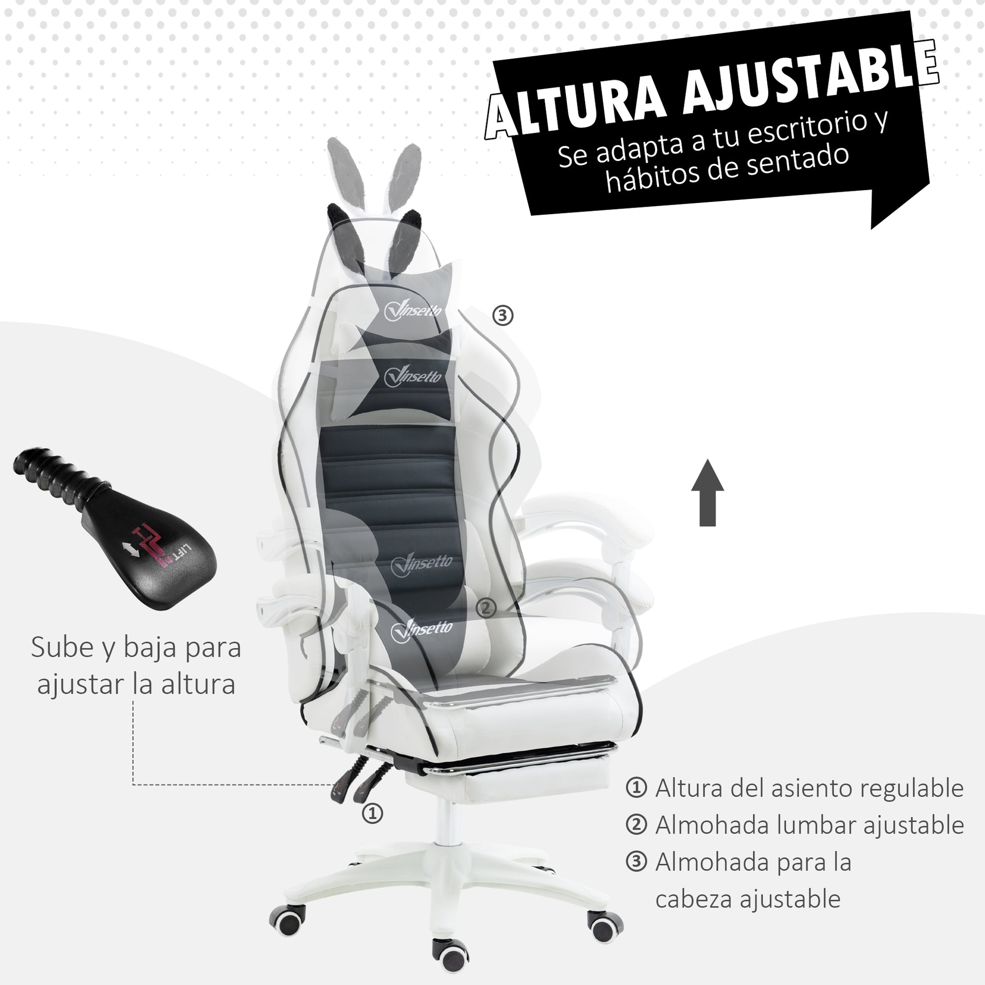 Professional Gaming Chair Gamer Racing Swivel Chair with Adjustable Height 135° Reclining Headrest and Footrest for Office Study 65x63x136-142 cm Black and White