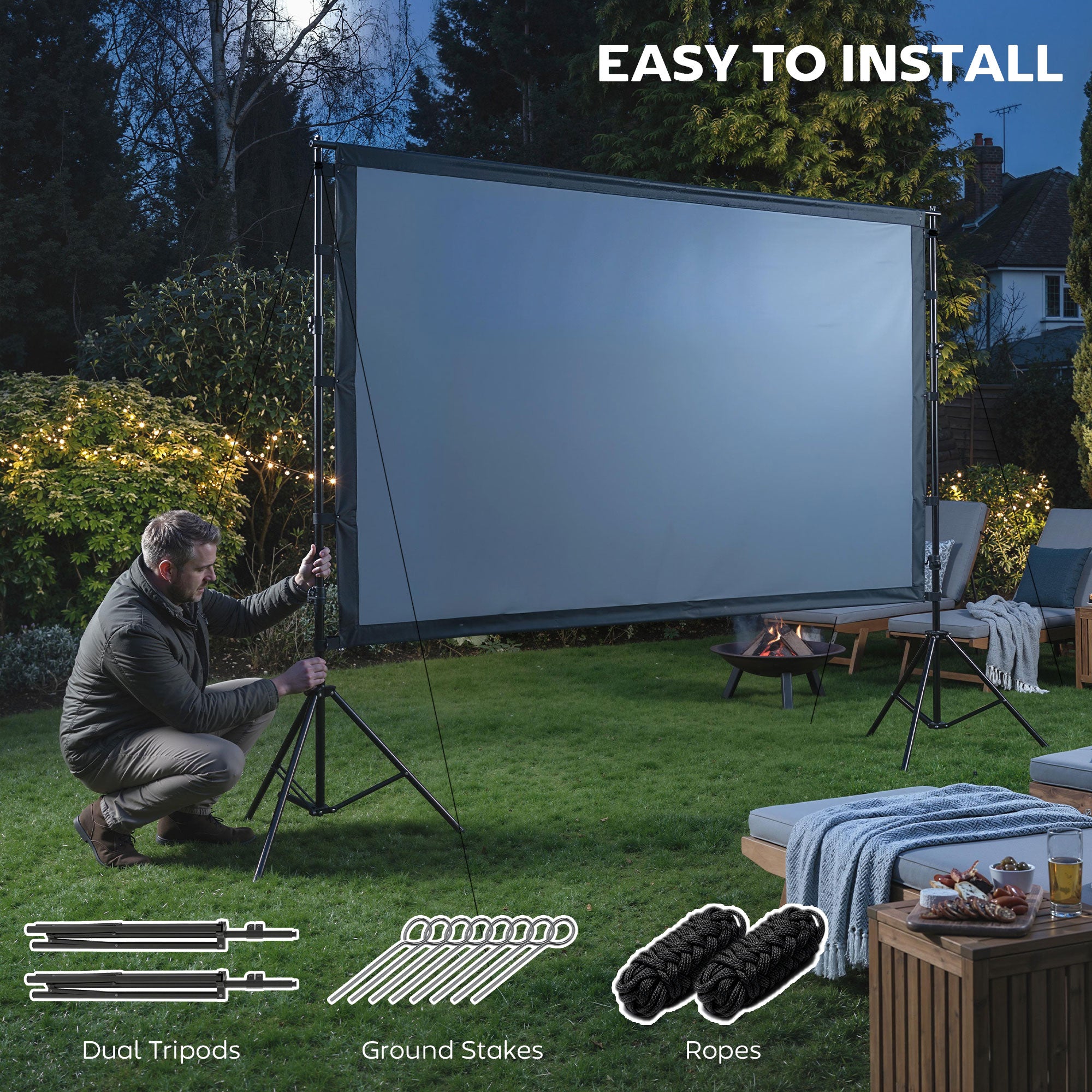 100" 16:9 4K/8K Projection Screen with Dual Foldable Tripods — Portable Double-Sided, 160° Wide-Angle, Indoor/Outdoor, White